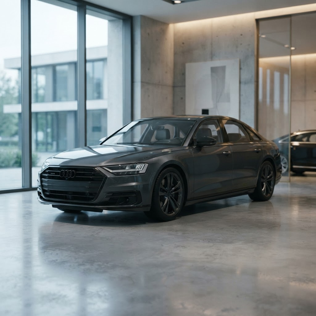 A vehicle in a private, low-lit showroom